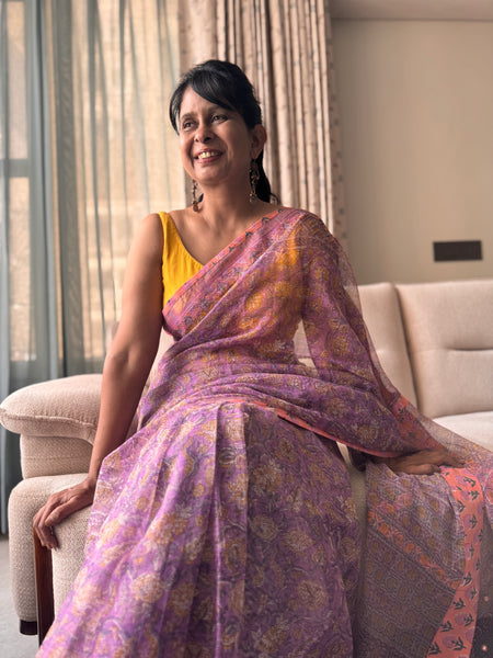 Embroidered pallu & patchwork inside border- kota doria saree