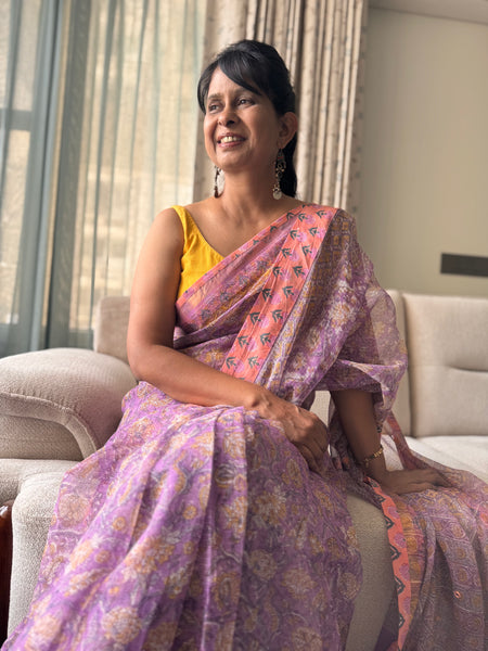 Embroidered pallu & patchwork inside border- kota doria saree