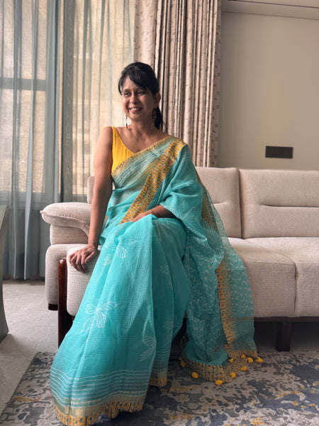 Embroidered pallu & patchwork inside border- kota doria saree