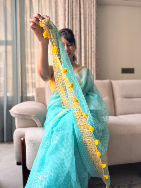 Embroidered pallu & patchwork inside border- kota doria saree