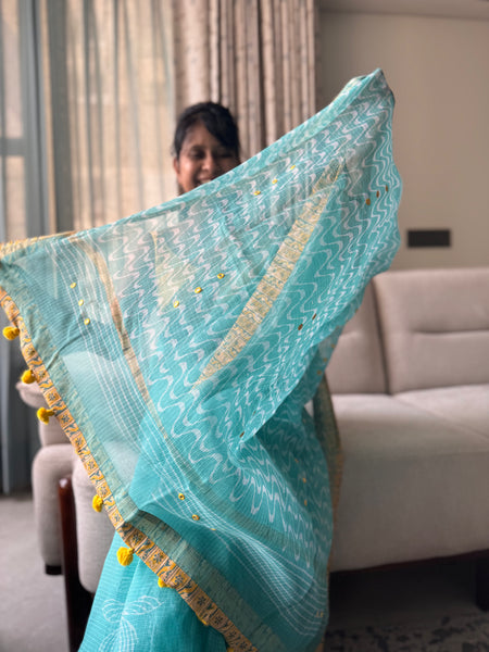 Embroidered pallu & patchwork inside border- kota doria saree