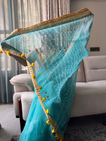 Embroidered pallu & patchwork inside border- kota doria saree