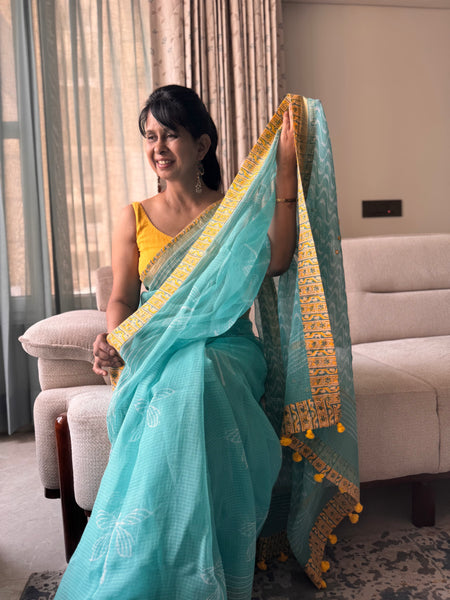 Embroidered pallu & patchwork inside border- kota doria saree