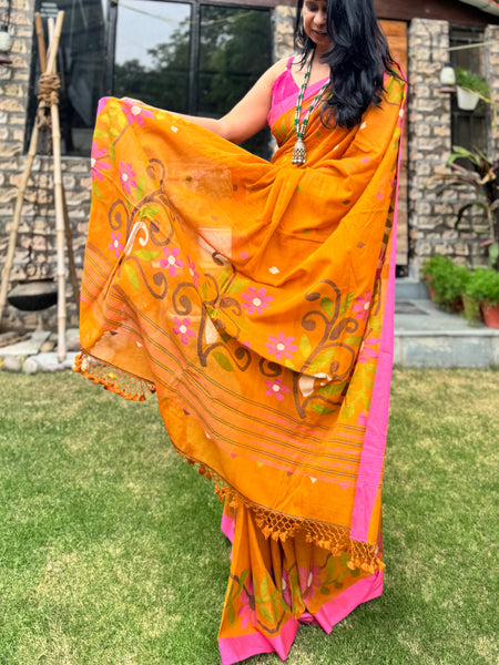 ताना-बाना- Cotton Handwoven Jamdani Saree -Mustard