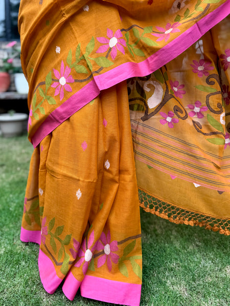 ताना-बाना- Cotton Handwoven Jamdani Saree -Mustard