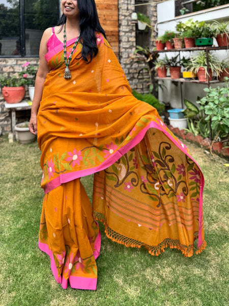 ताना-बाना- Cotton Handwoven Jamdani Saree -Mustard