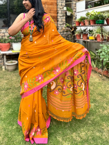 ताना-बाना- Cotton Handwoven Jamdani Saree -Mustard