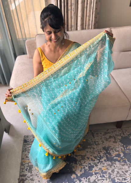 Embroidered pallu & patchwork inside border- kota doria saree