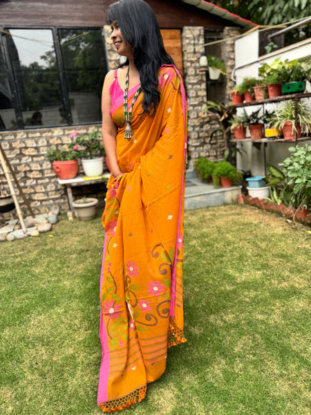 ताना-बाना- Cotton Handwoven Jamdani Saree -Mustard