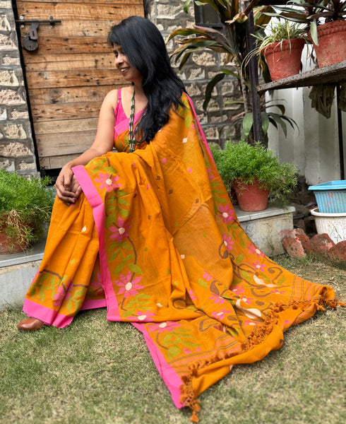 ताना-बाना- Cotton Handwoven Jamdani Saree -Mustard