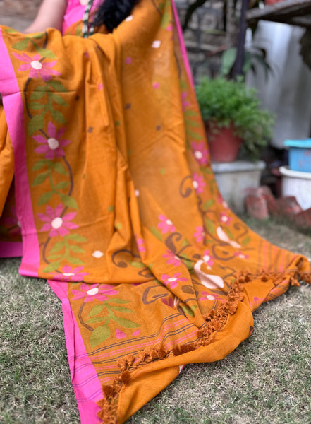 ताना-बाना- Cotton Handwoven Jamdani Saree -Mustard