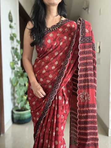 Modal voile block printed saree with scalloping