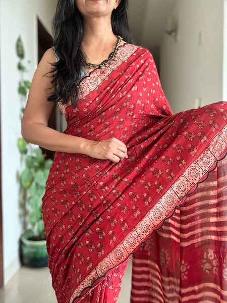 Modal voile block printed saree with scalloping