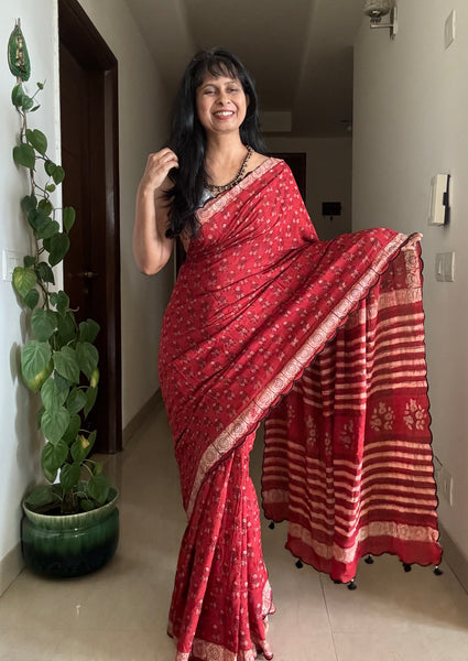 Modal voile block printed saree with scalloping