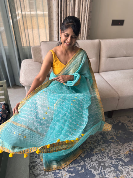 Embroidered pallu & patchwork inside border- kota doria saree