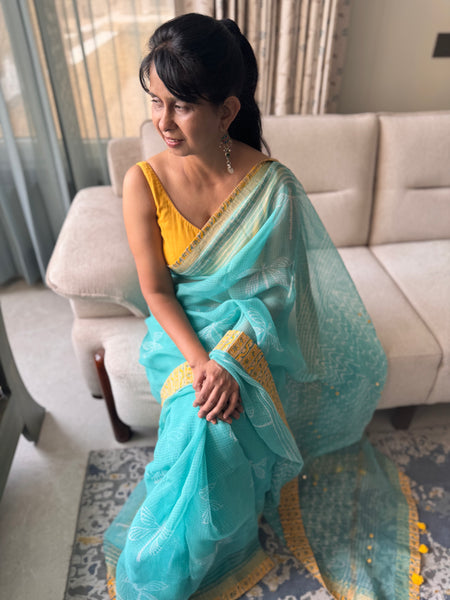 Embroidered pallu & patchwork inside border- kota doria saree