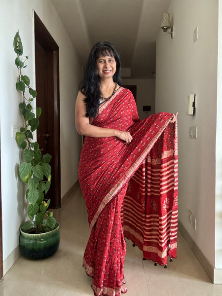 Modal voile block printed saree with scalloping