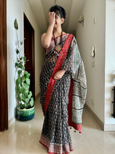 kota doria cotton saree with Ajrakh patchwork