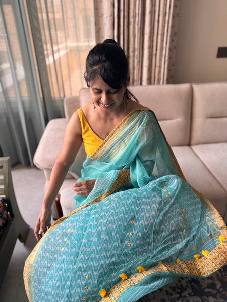 Embroidered pallu & patchwork inside border- kota doria saree