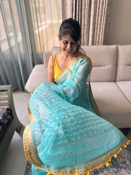 Embroidered pallu & patchwork inside border- kota doria saree