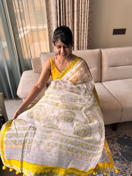Embroidered pallu & patchwork inside border- kota doria saree