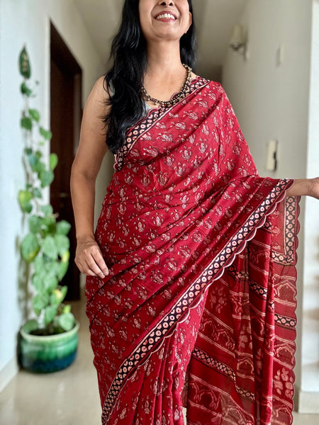 Modal voile block printed saree with scalloping