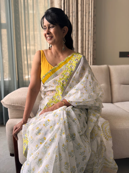 Embroidered pallu & patchwork inside border- kota doria saree