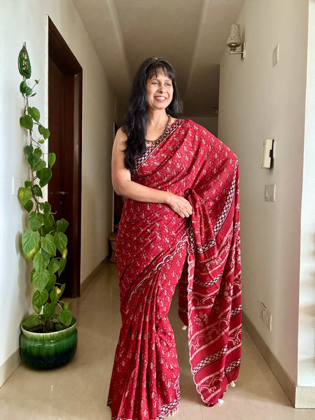 Modal voile block printed saree with scalloping