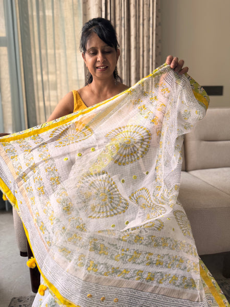 Embroidered pallu & patchwork inside border- kota doria saree