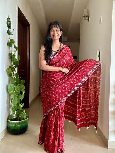 Modal voile block printed saree with scalloping