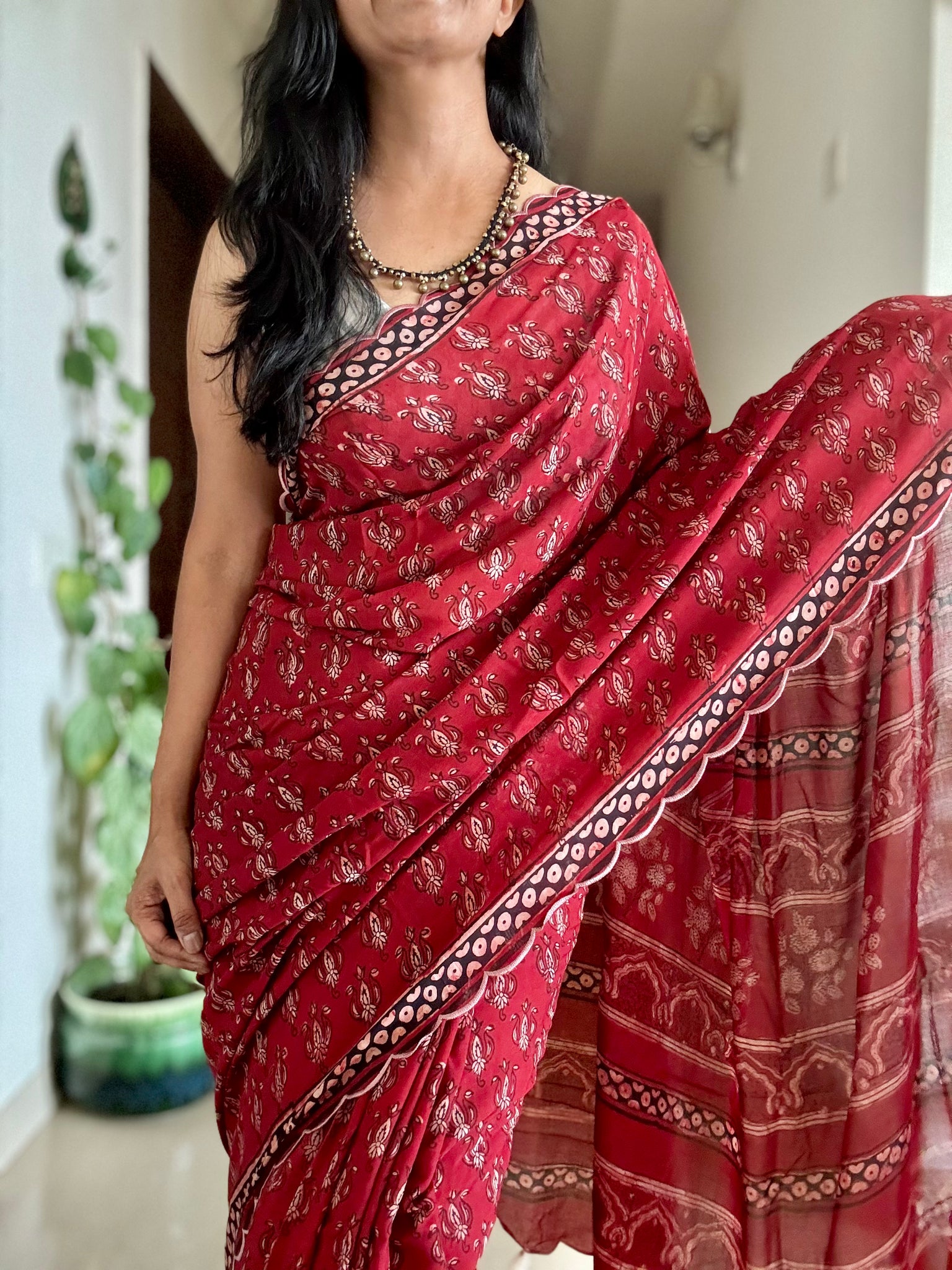 Modal voile block printed saree with scalloping