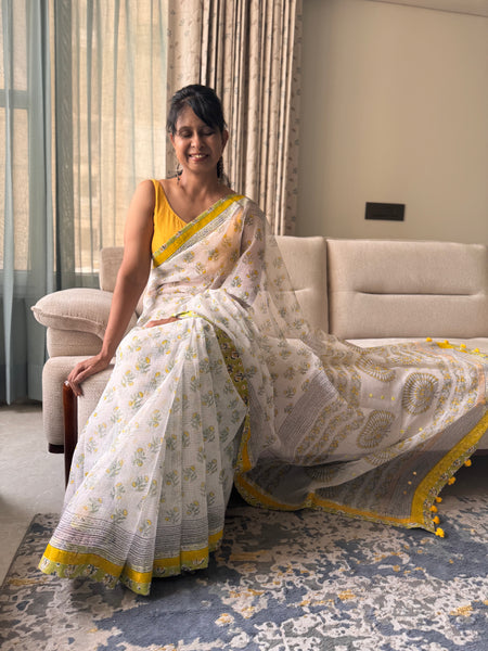 Embroidered pallu & patchwork inside border- kota doria saree