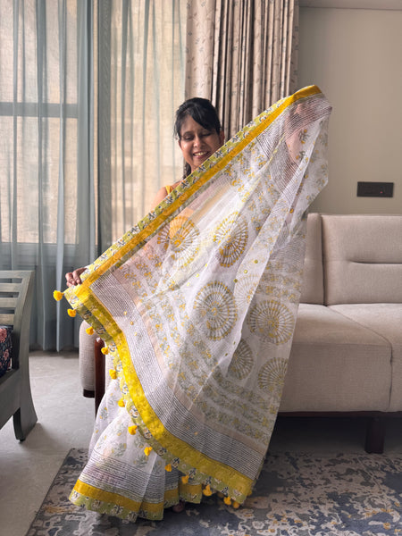 Embroidered pallu & patchwork inside border- kota doria saree
