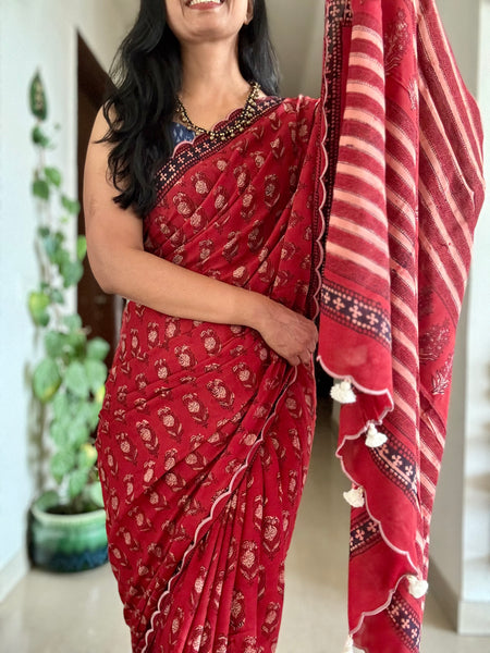 Modal voile block printed saree with scalloping