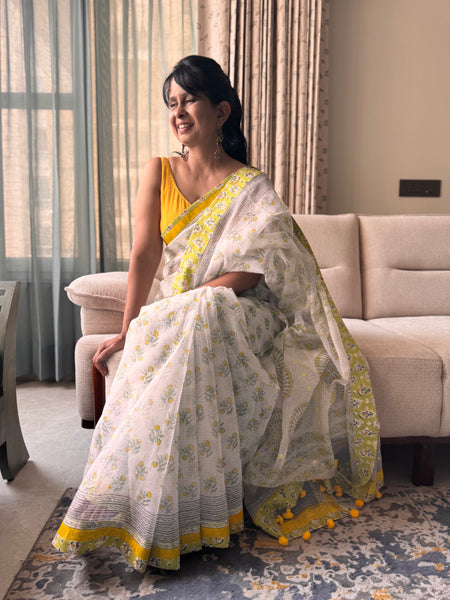 Embroidered pallu & patchwork inside border- kota doria saree