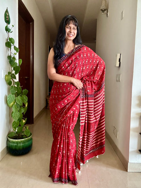 Modal voile block printed saree with scalloping