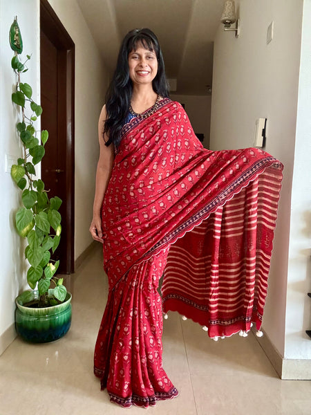 Modal voile block printed saree with scalloping