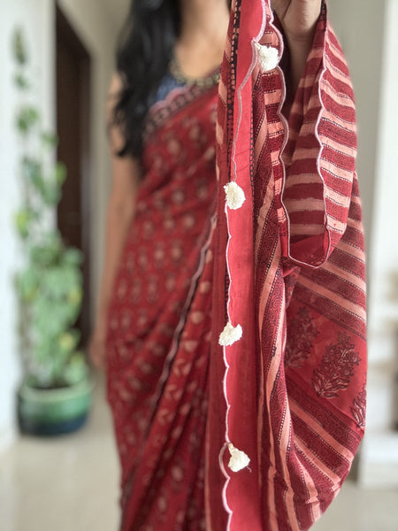 Modal voile block printed saree with scalloping