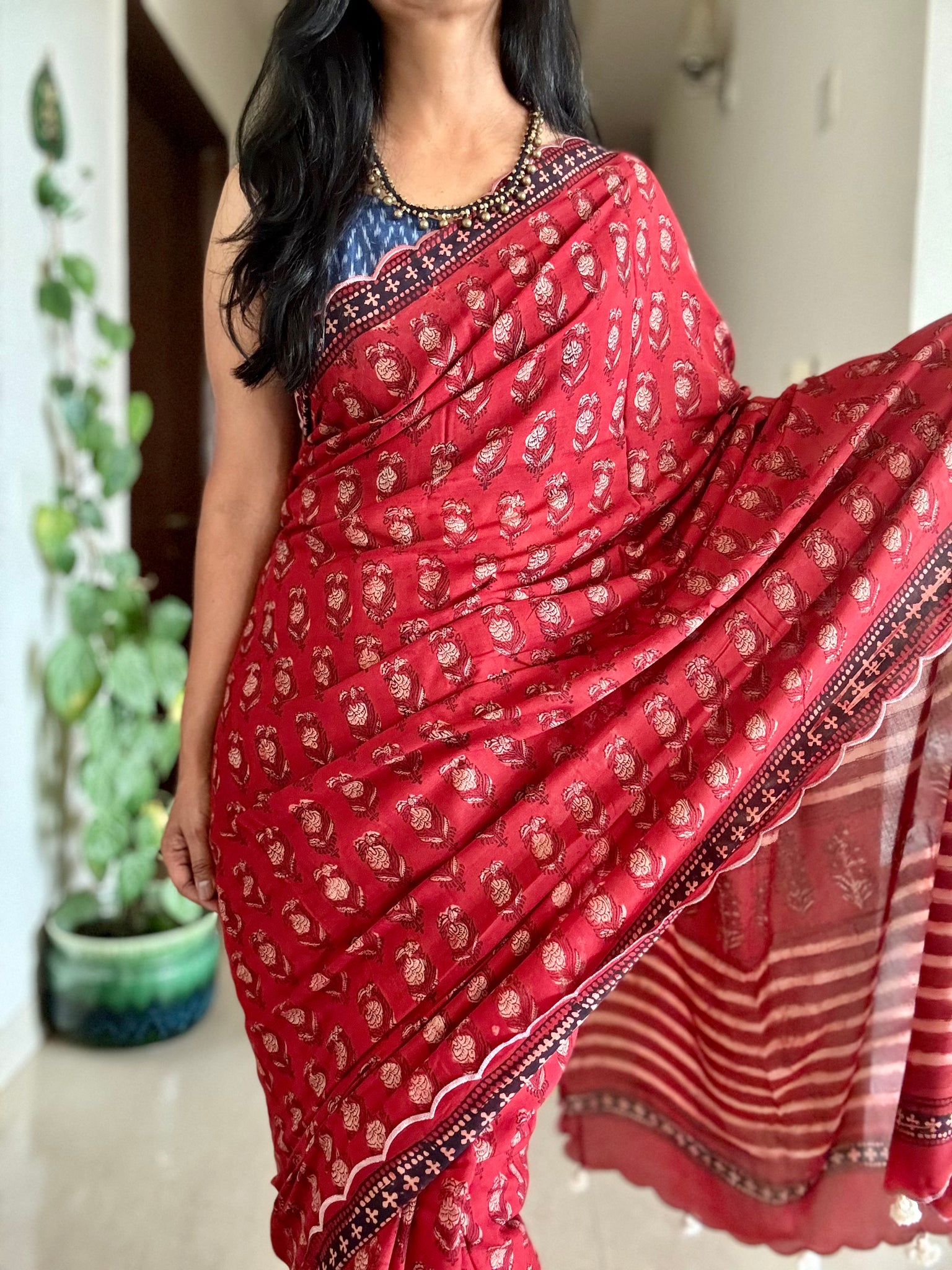 Modal voile block printed saree with scalloping