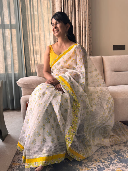 Embroidered pallu & patchwork inside border- kota doria saree
