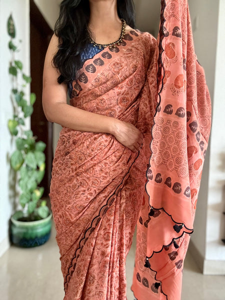 Modal voile block printed saree with scalloping