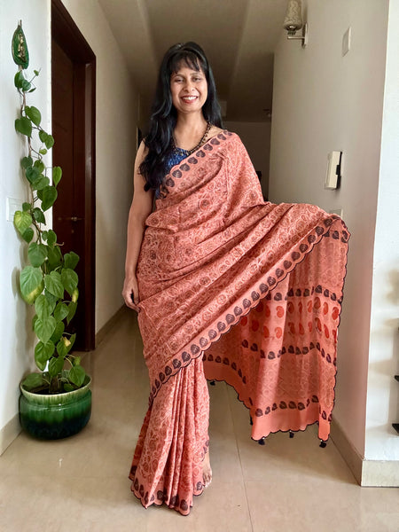 Modal voile block printed saree with scalloping