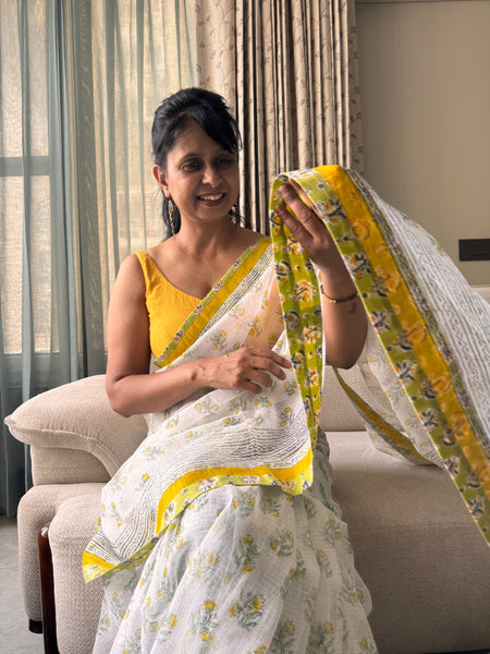 Embroidered pallu & patchwork inside border- kota doria saree