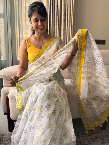 Embroidered pallu & patchwork inside border- kota doria saree