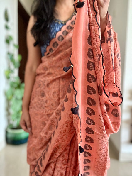 Modal voile block printed saree with scalloping