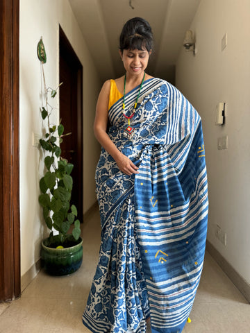 Indigo Mul cotton hand block printed saree with Embroidery
