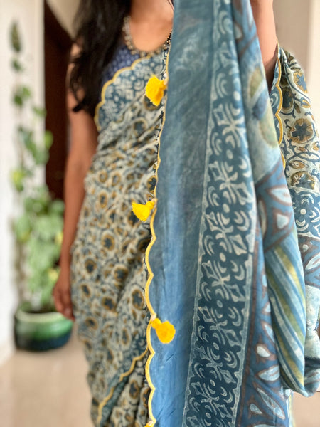 Modal voile block printed saree with scalloping