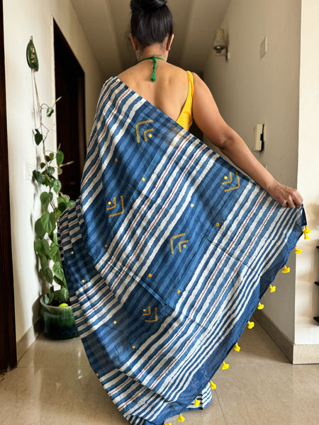 Indigo Mul cotton hand block printed saree with Embroidery