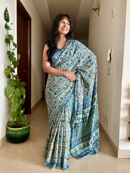 Modal voile block printed saree with scalloping