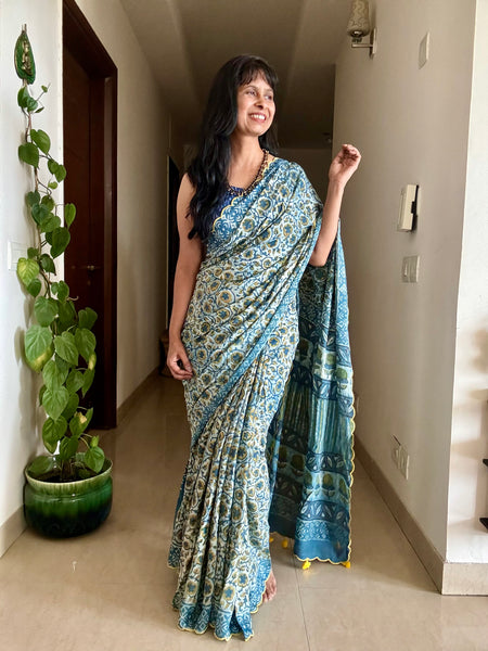 Modal voile block printed saree with scalloping